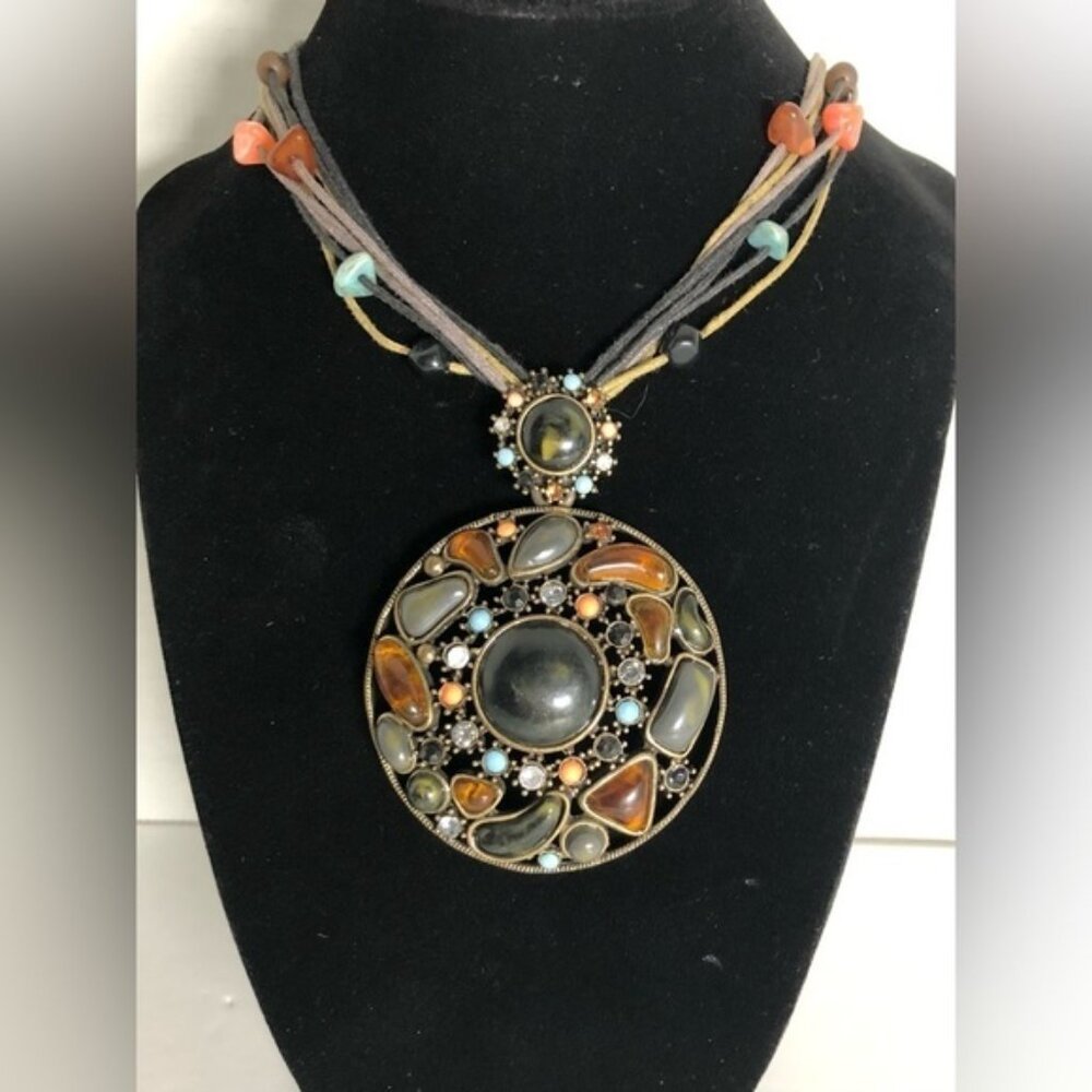 Medallion Multi Strand Stone Statement Necklace - image 3